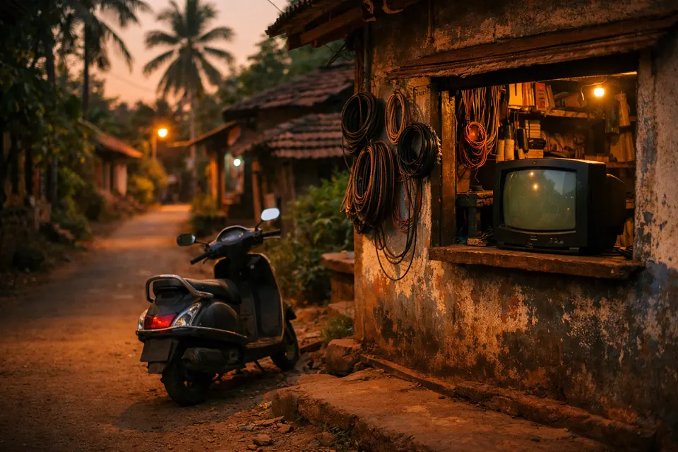 Painterly illustration of a small coastal Goan house at dusk with a rooftop cable TV antenna and warm lit windows