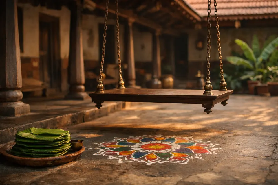 Cinematic illustration of an old family courtyard house in a Telugu village with a wooden swing and festival marigold garlands