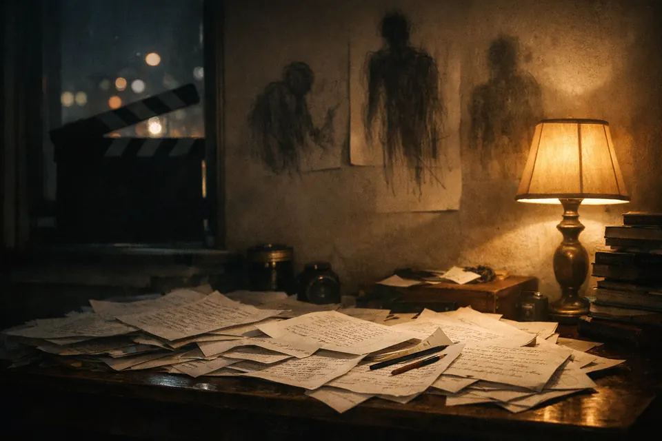 Cinematic illustration of a young man's desk covered with handwritten script pages and a film clapperboard shape, lit by a lone lamp