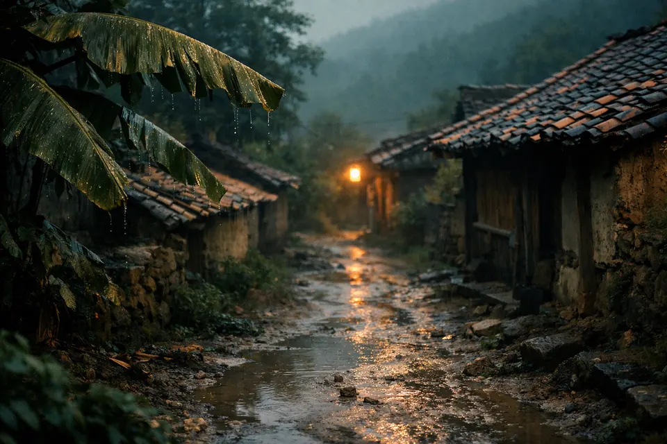 Cinematic illustration of a rain-soaked Maharashtra village lane at night with a crumbling old wada and a faint lantern glow